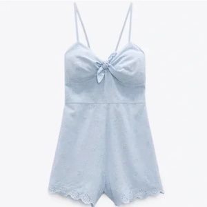 Zara Powder Blue Eyelet Romper w/ Spaghetti Straps NWOT Size M